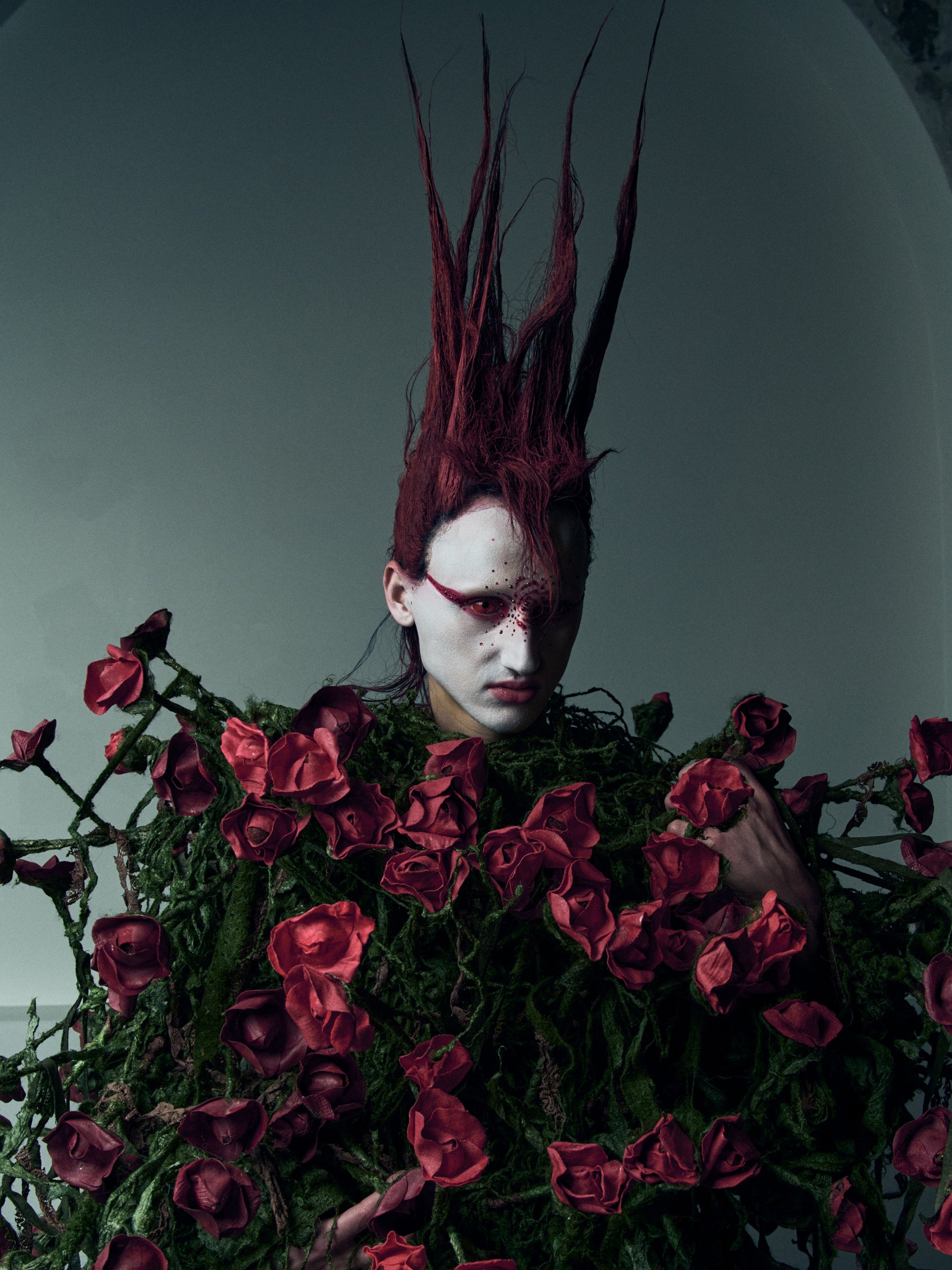 Artistic depiction of a face surrounded by red roses against a gray background